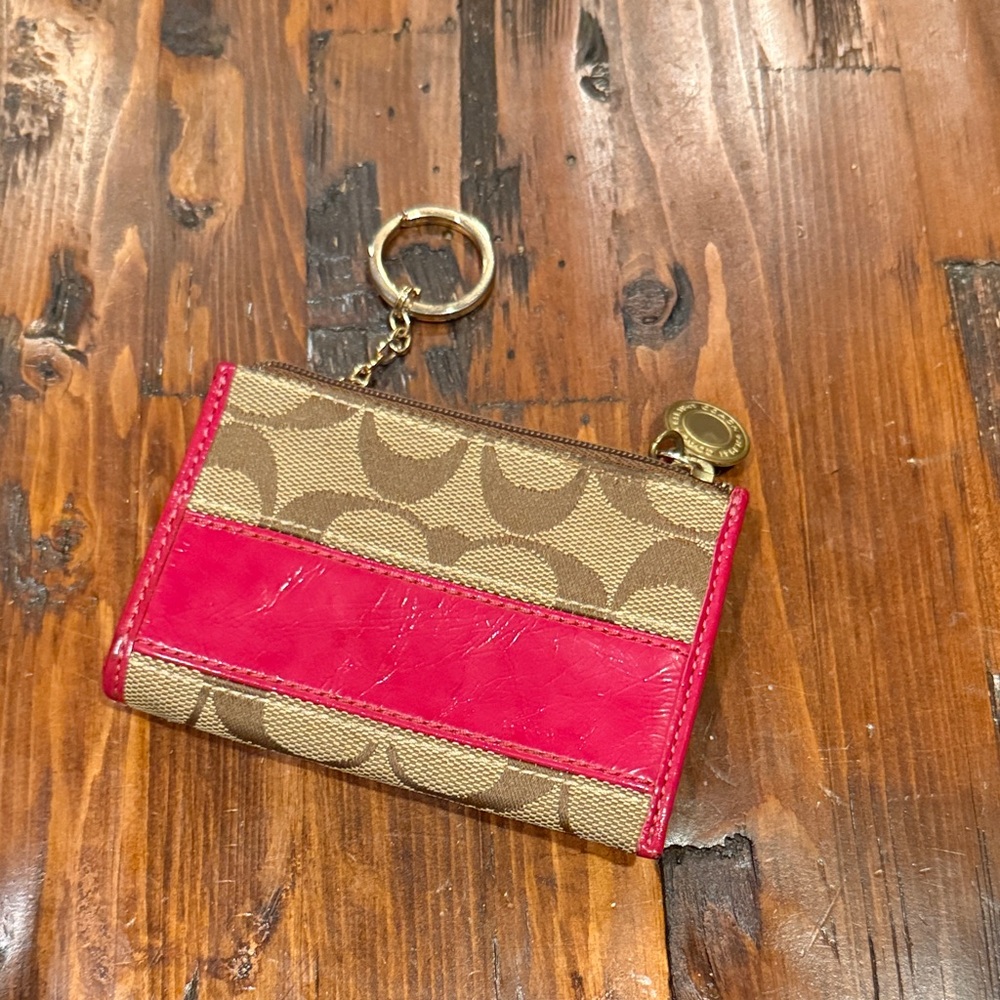 Coach Tan and Pink Signature Key Holder